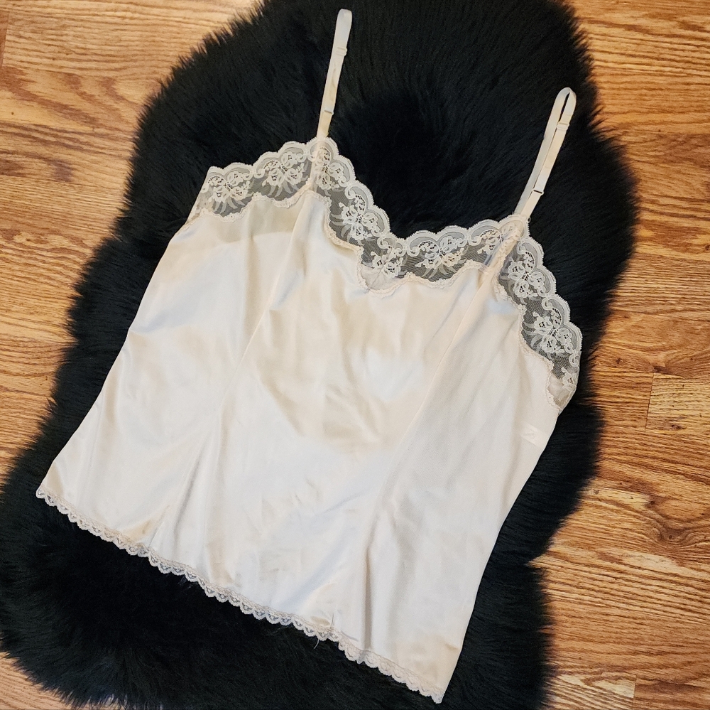 Vtg Sexy Silky Nylon Lace Trim Ivory Beige Camisole Slip Top XL